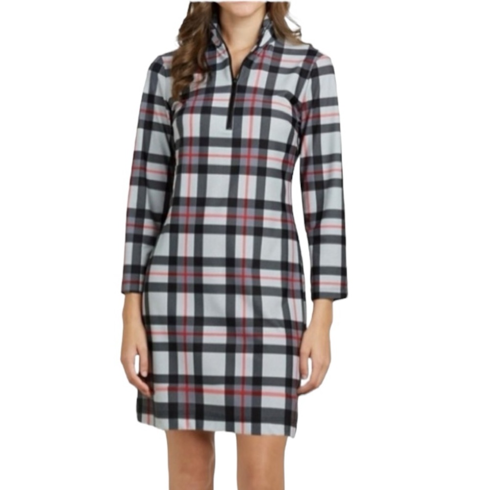 Jude Connally Elodie Black Gray Red Plaid Print Quarter Zipper Mini Dress - S